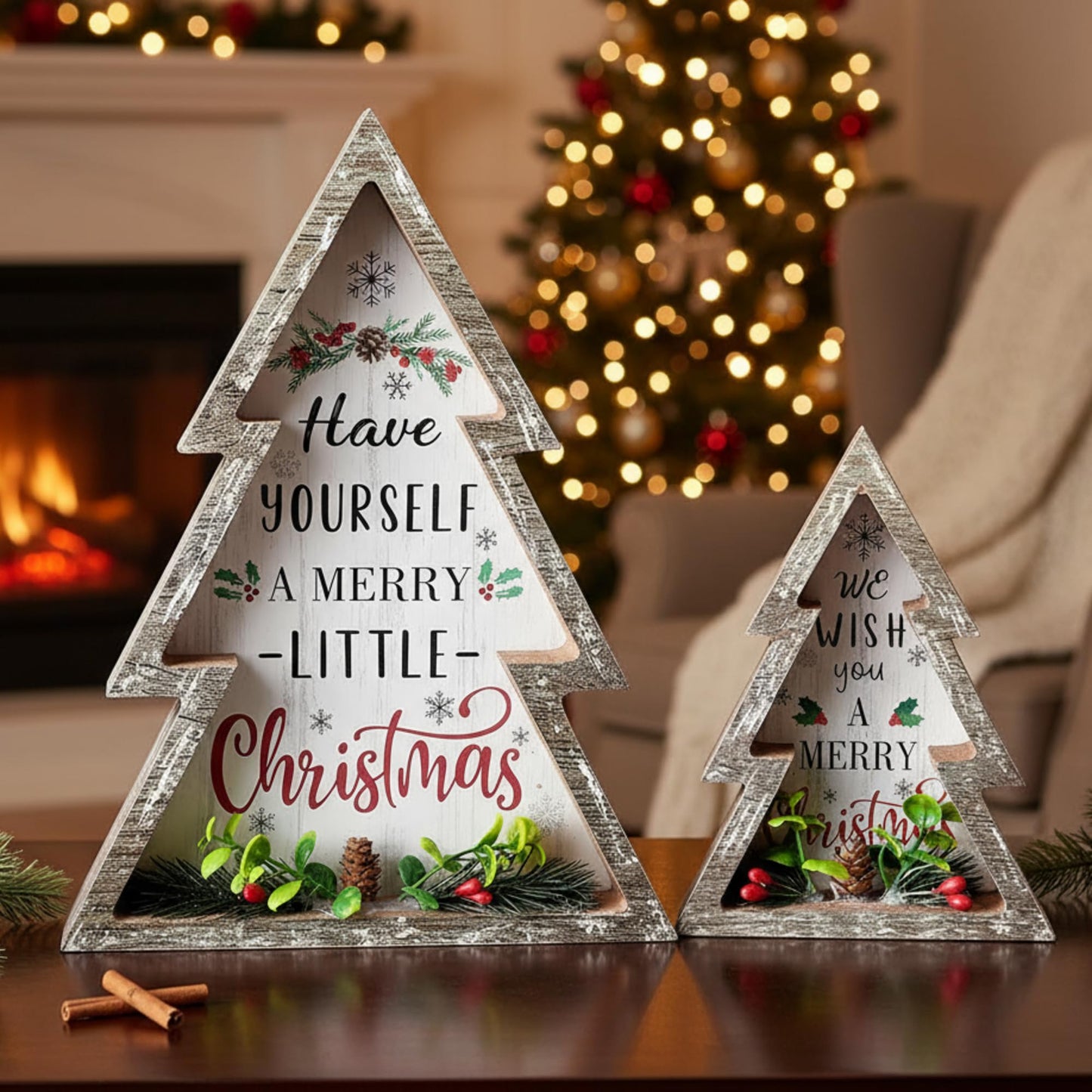 Pinkunn 2 Pcs Christmas Decorations for Home Farmhouse Christmas Tree Decor with Pinecones Rustic Wooden Xmas Centerpiece Natural Decorative Block Tabletop Sign for Xmas Party Holiday Table Home Decor