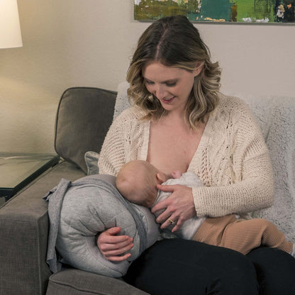 Boppy Anywhere Travel Nursing Pillow, Soft Gray, Plus Sized to Petite with Stretch Belt, Portable Nursing Pillow, Breastfeeding and Bottle-Feeding Support, Machine Washable