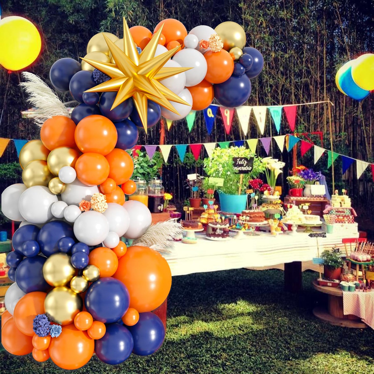 Blue and Orange Balloon Garland Arch Kit, 107 PCS Royal Dark Blue White Orange Latex Balloons Gold Star Foil for Birthday Thanksgiving Baby Shower Baseball Party