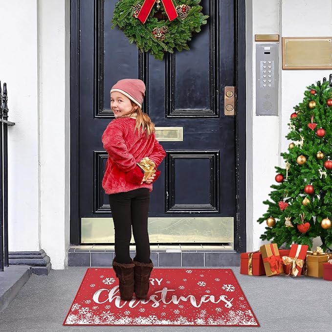 CAROMIO Christmas Doormat Holiday Door Mat Winter Christmas Snowflake Indoor/Outdoor Welcome Mat Floor Doormat for Home Decoration Christmas Rug Entryway Front Porch Decor, Red, 17x29 Inch