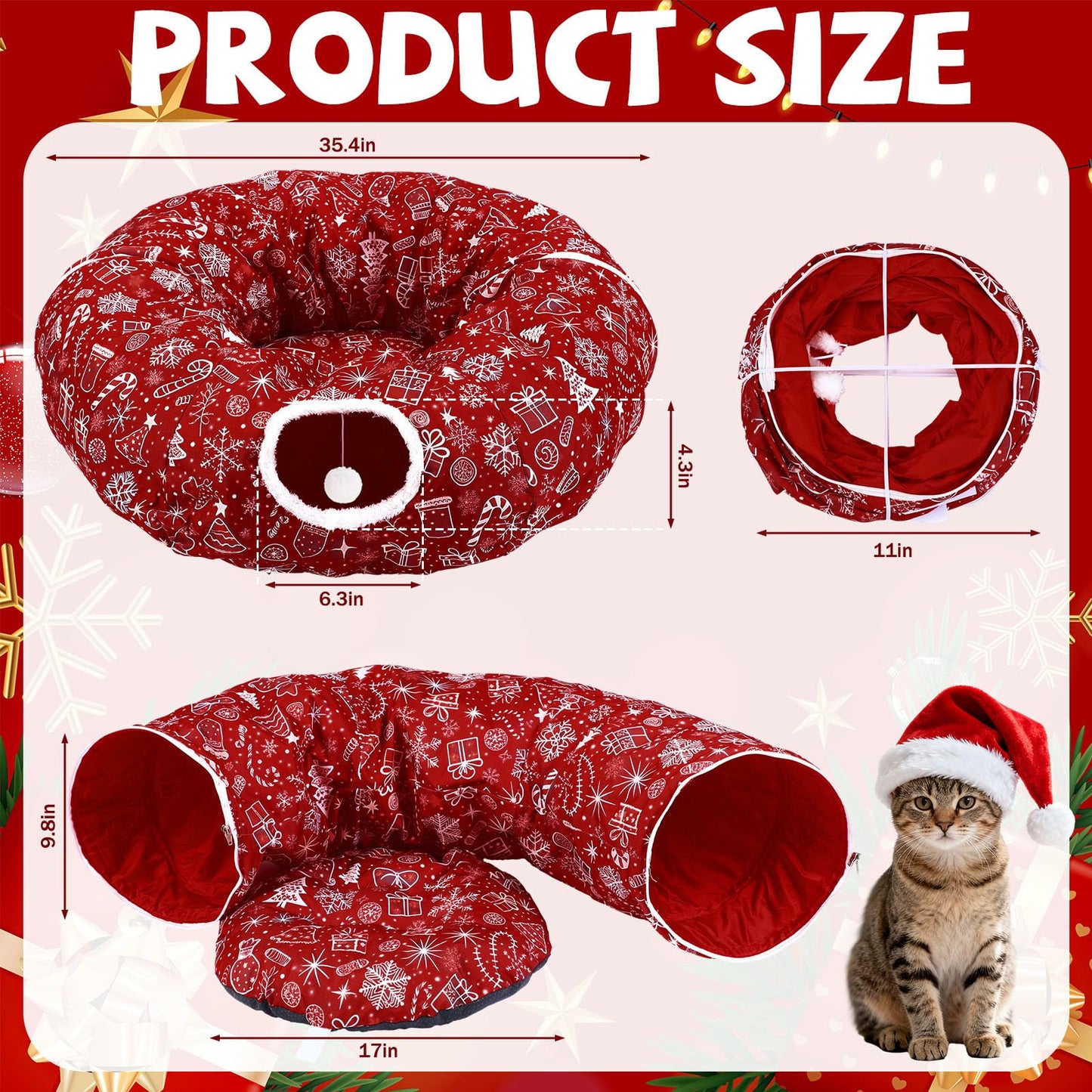 SilTriangle Cat Tunnel Christmas Tree Skirt Cat Donut Tunnel Bed for Indoor Cats with Ball Snowflake Collar Cats Cave for Small Medium Kitten Puppy Under Xmas Trees Decor Gift(Gift Box)