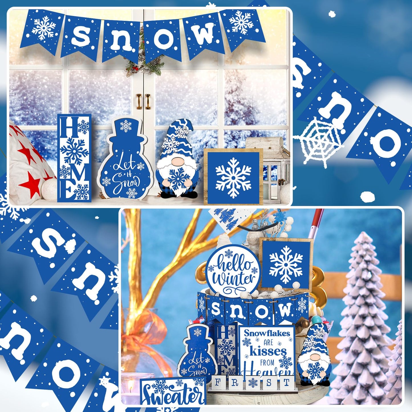 FairySandy Winter Tiered Tray Decor Set Hello Winter Snowman Wooden Signs Snowflake Decorations Rustic Farmhouse Blocks Sign for Home Table Harvest Holiday