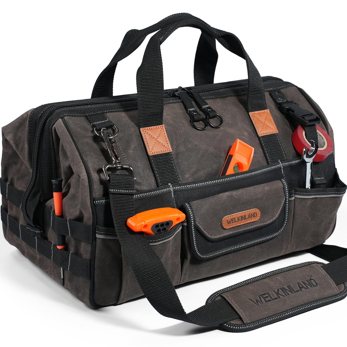 WELKINLAND 18 Inch Waxed Canvas Tool Bag, Heavy-Duty Electrical Tool Bag, Large-Opening 28-Pocket Tools Bag, 36L Tool Bags For Men, Quick-Access HVAC Tools Bags