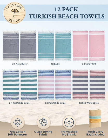 Lane Linen Beach Towels 12 Pack - Oversized & Pre-Washed Large Beach Towel Set - Stylish Pool Towels For Adults, Quick Dry, Soft & Lightweight Lightweight Travel Towel Pack, 39"x71" - Seaside Symphony