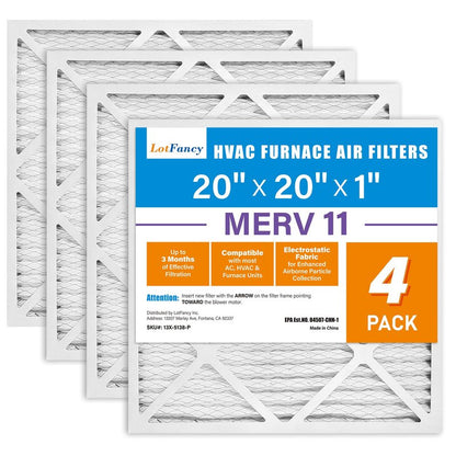 LotFancy 20x20x1 Air Filter MERV 13 4-Pack, Actual Size: 19.75"x19.75"x0.75", Electrostatic Pleated HVAC Furnace Air Filter, Captures Pet Dander Smog Smoke