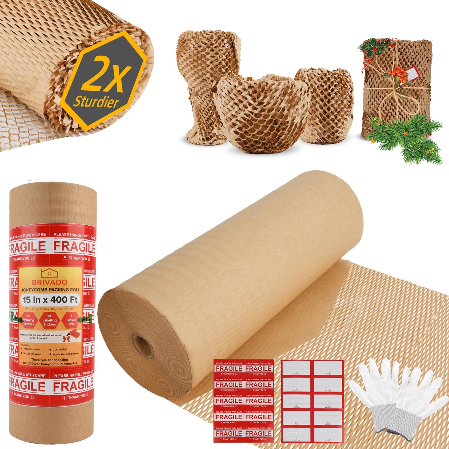 BRIVADO Honeycomb Packing Paper 15"x400' Roll with Fragile & Labeling Stickers, Gloves - Bubble Wrap for Moving,Products & Gifts Wrapping Paper, Recyclable & Biodegradable Cushioning Packing Material