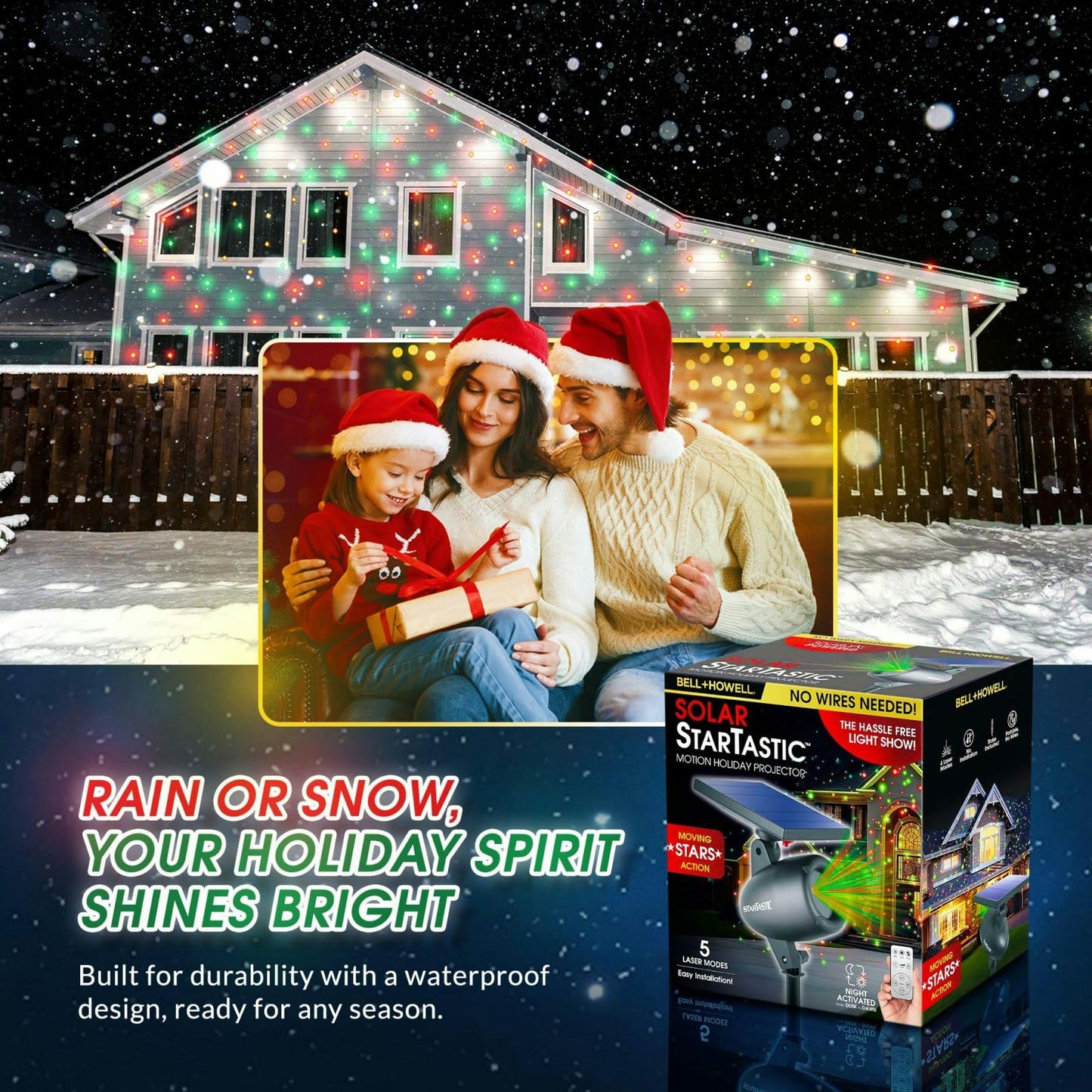 Outdoor Christmas Projector Laser Light, Solar Powered - STARTASTIC Christmas Lights, Covers 600 Sq Ft, Waterproof, Easy Installation, Auto-On, Wireless Remote Control, 5 Modes, House, Yard, Party