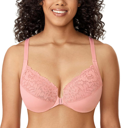 DELIMIRA Women's Front Closure Plus Size Full Coverage Lace Underwire Racerback Bra
