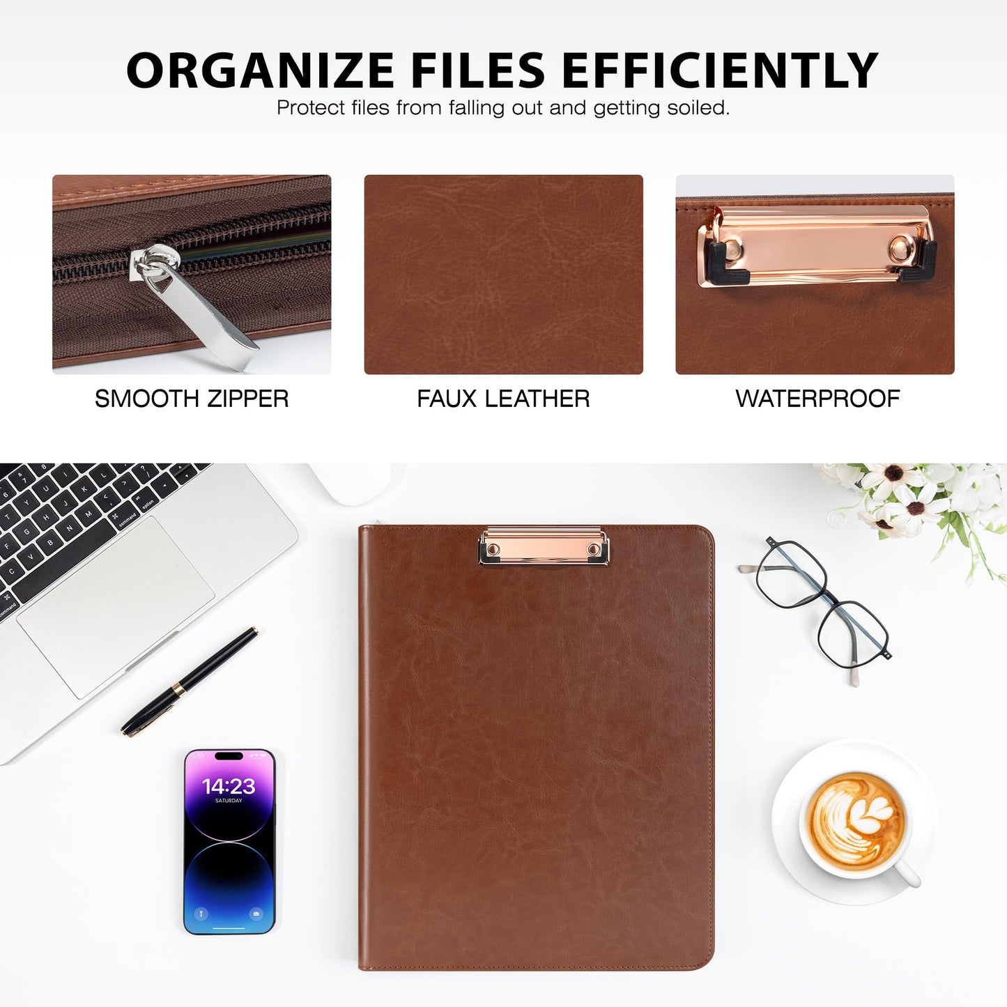 Ospelelf Zippered Padfolio Organizer, Faux Leather 3 Ring Binder with Clipboard, Letter Size Business Portfolio with Notepad, Tablet Sleeve & Phone Pockets for Office Work Brown