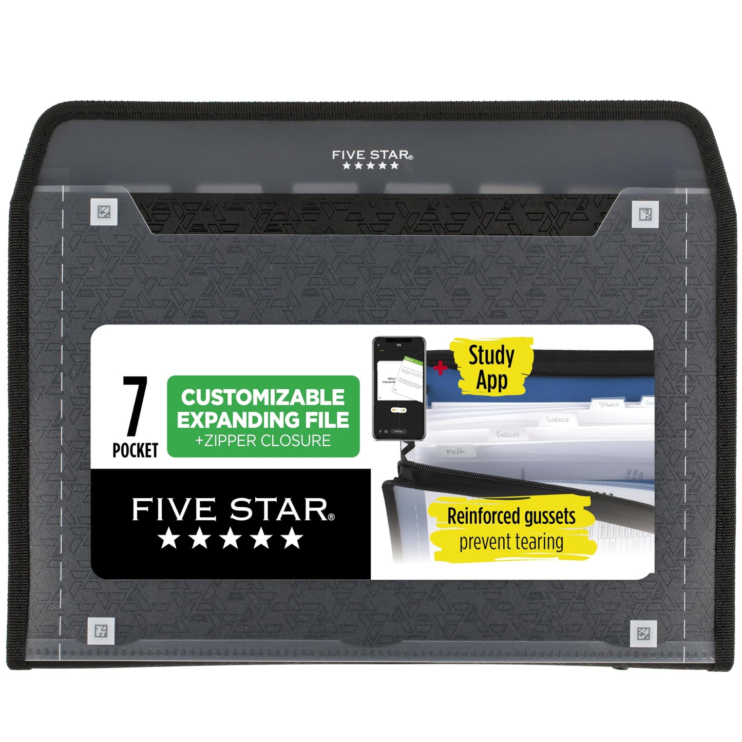 Five Star Expanding File Organizer + Study App, 7-Pocket Accordian File Organizer, Zipper Closure, Holds 8-1/2" x 11" Paper, Black (72709)