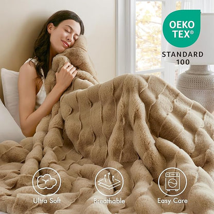 Madison Park Luxuriously Cozy Soft Long Faux Fur Basketweave Blanket, Reversible Soft & Snuggly Velvet Throw, Lightweight, Breathable, All Season, Trendy Room Décor, 50x60, Tan