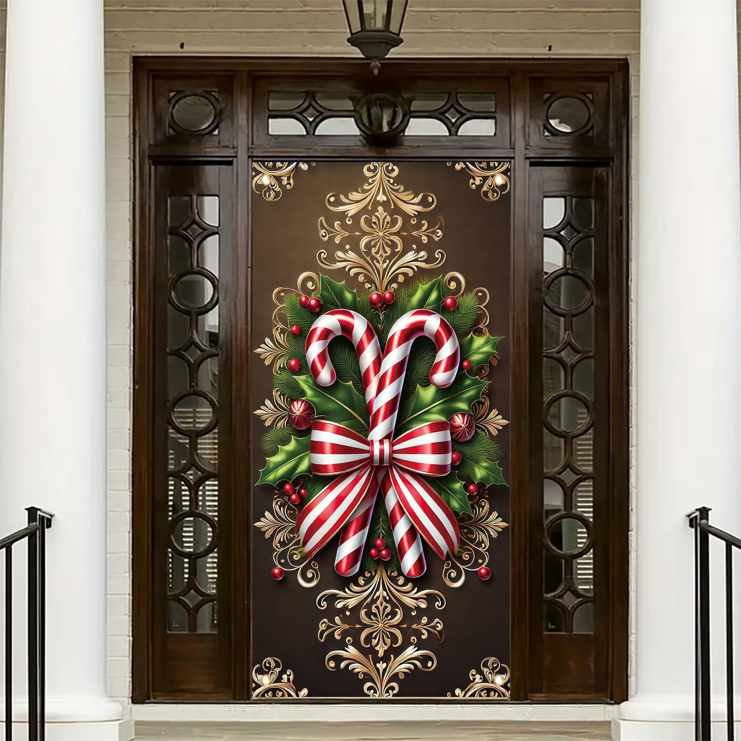 Saoplasa Christmas Door Cover Candy Cane Bow Banner 71 x 35 Inch Holiday Peppermint Stripe Wall Hanging with Holly Leaves Ornaments for Winter Wonderland Xmas Front Door Decor Photo Backdrop