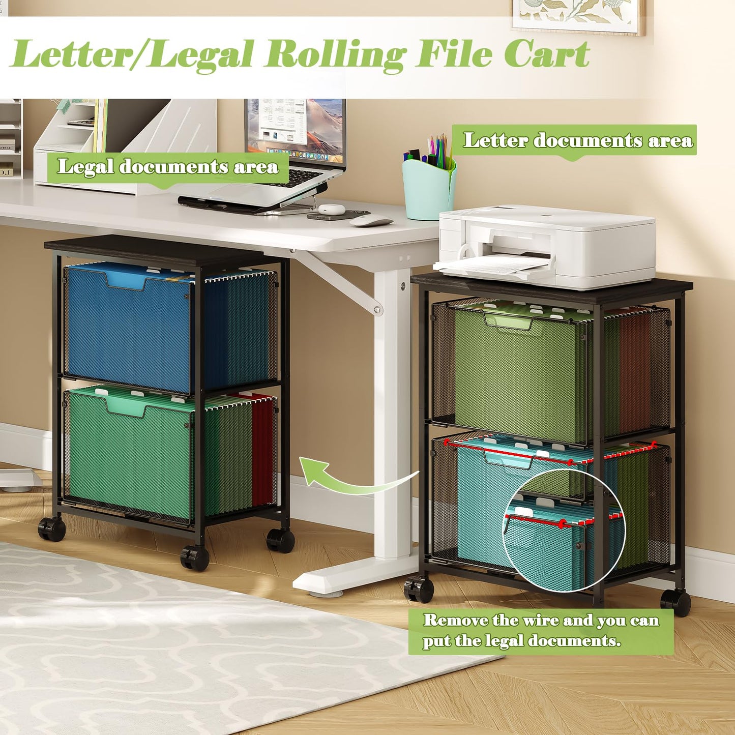 Sbanmao Letter/Legal Rolling File Cart with 2 Storage Drawers, Under Desk Storage, Vertical Filing Cabinet for Home Office, Hanging File Folders Organizer, Mobile Utility Cart Printer Stand, Black
