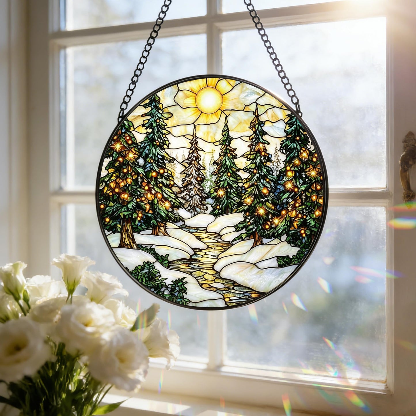 Stained Glass Window Hanging, 7.8 Inch Winter Forest Stained Glass Suncatcher, Window Hanging Decor, Christmas Landscape Ornament, Gifts for Women, Men & Nature Lovers, Gifts for Christmas & Holiday