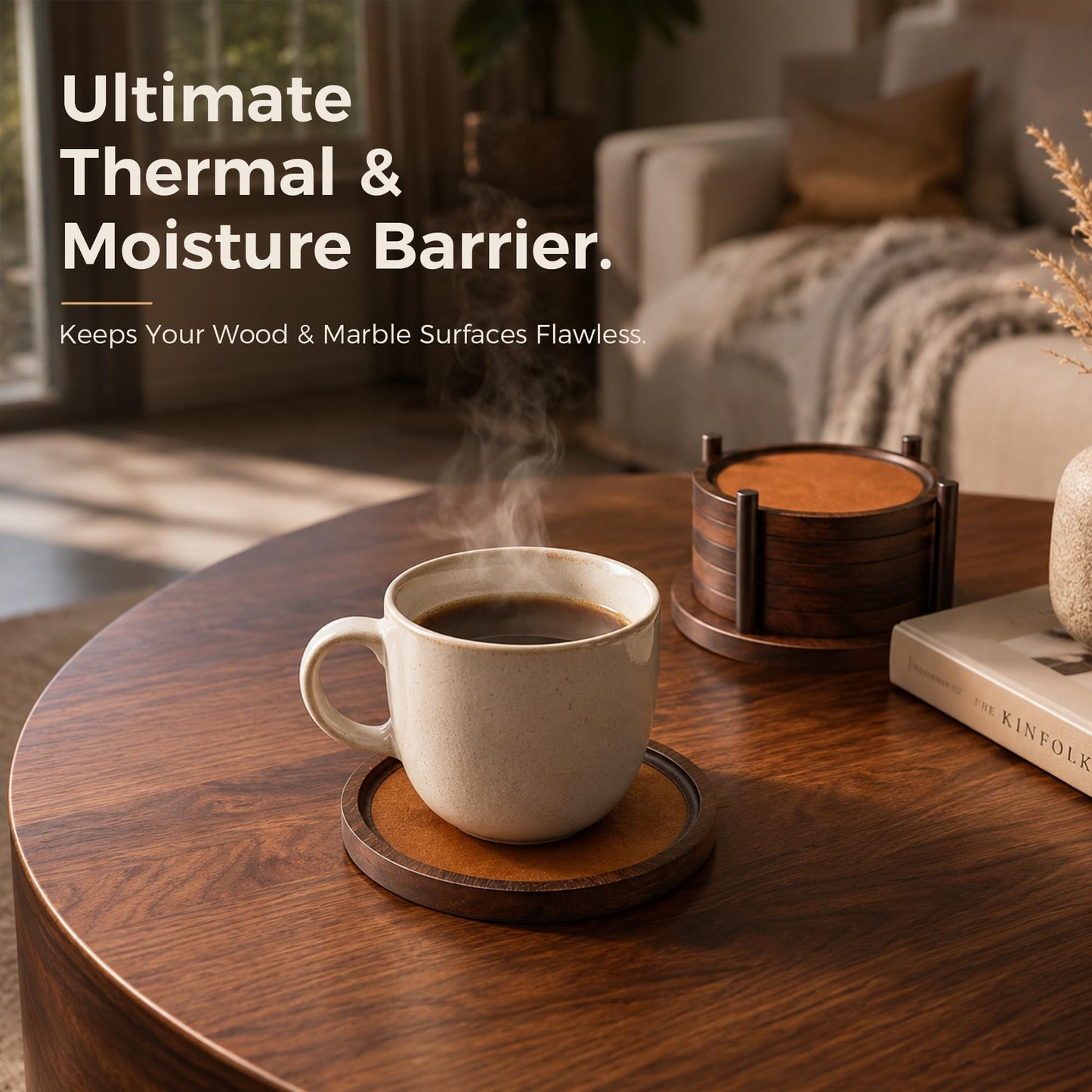 MinBoo Bamboo Coasters for Coffee Table Set of 6 Coasters for Drinks Absorbent with Holder Coffee Table Decor for Tabletop Protection Gifts for House Warming New Home & Wedding (Dark Brown 6Pcs)