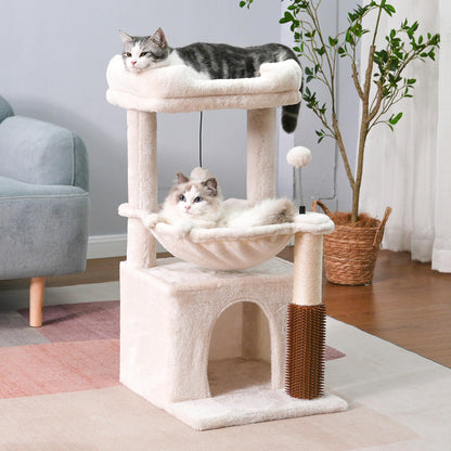 Pawfessor Cat Tree 32 Inches Small Cat Tree for Large Cats Adult Cat Tower with Scratching Post,15.7”Large Hammock and Self Groomer, and Removable Top Perch and Wide Condo for Indoor Cats-Beige