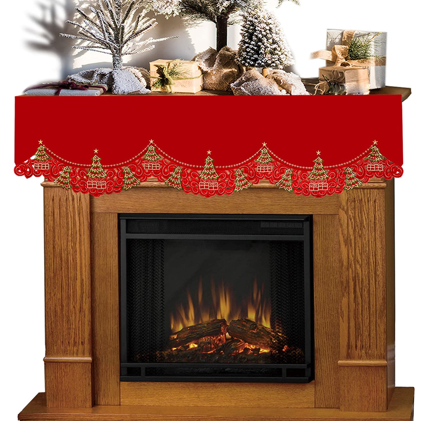 Grelucgo Embroidered Christmas Holly Tree Mantel Scarf Top Runner Winter Holiday Decorations