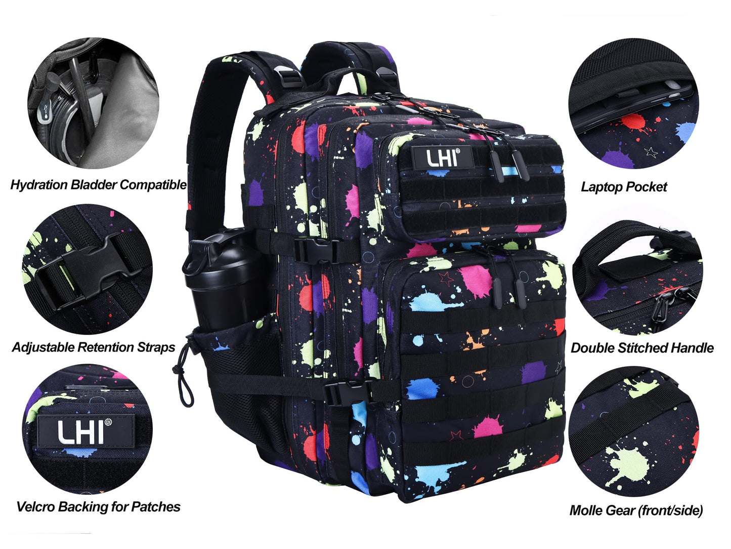 LHI Military Tactical Backpack for Men and Women 45L Army 3 Days Assault Pack Bag Large Rucksack with Molle System - Fluorescent Tie Dye