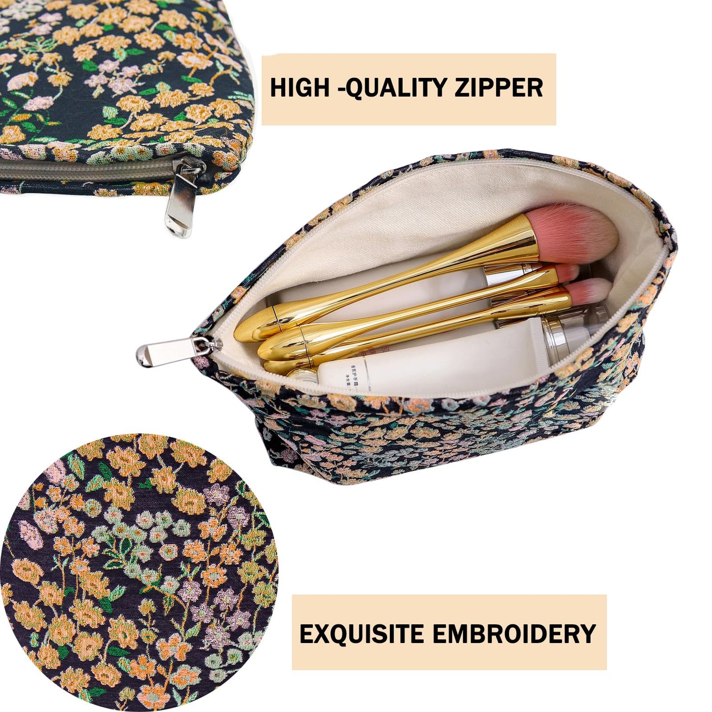 getgto 2 Pcs Makeup Bags, Large Cosmetic Bag Travel Toiletry Bag Organizer for Women, Embroidery Craft, Floral Makeup Bag Small Cosmetic Pouch Purse with Zipper Gifts for Girls Teen