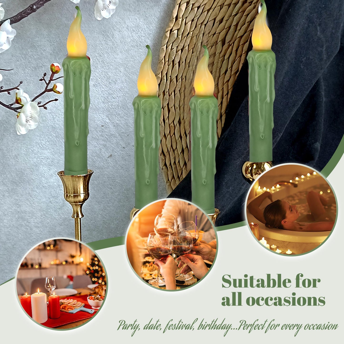 Sage Green Flameless Short Taper Candles, Real Wax Hand Dipped LED Battery Operated with Remote, Flickering Flame Lights for Festival Party Home Décor, 6.7 Inch Primitive Flameless Candles, 4PCS