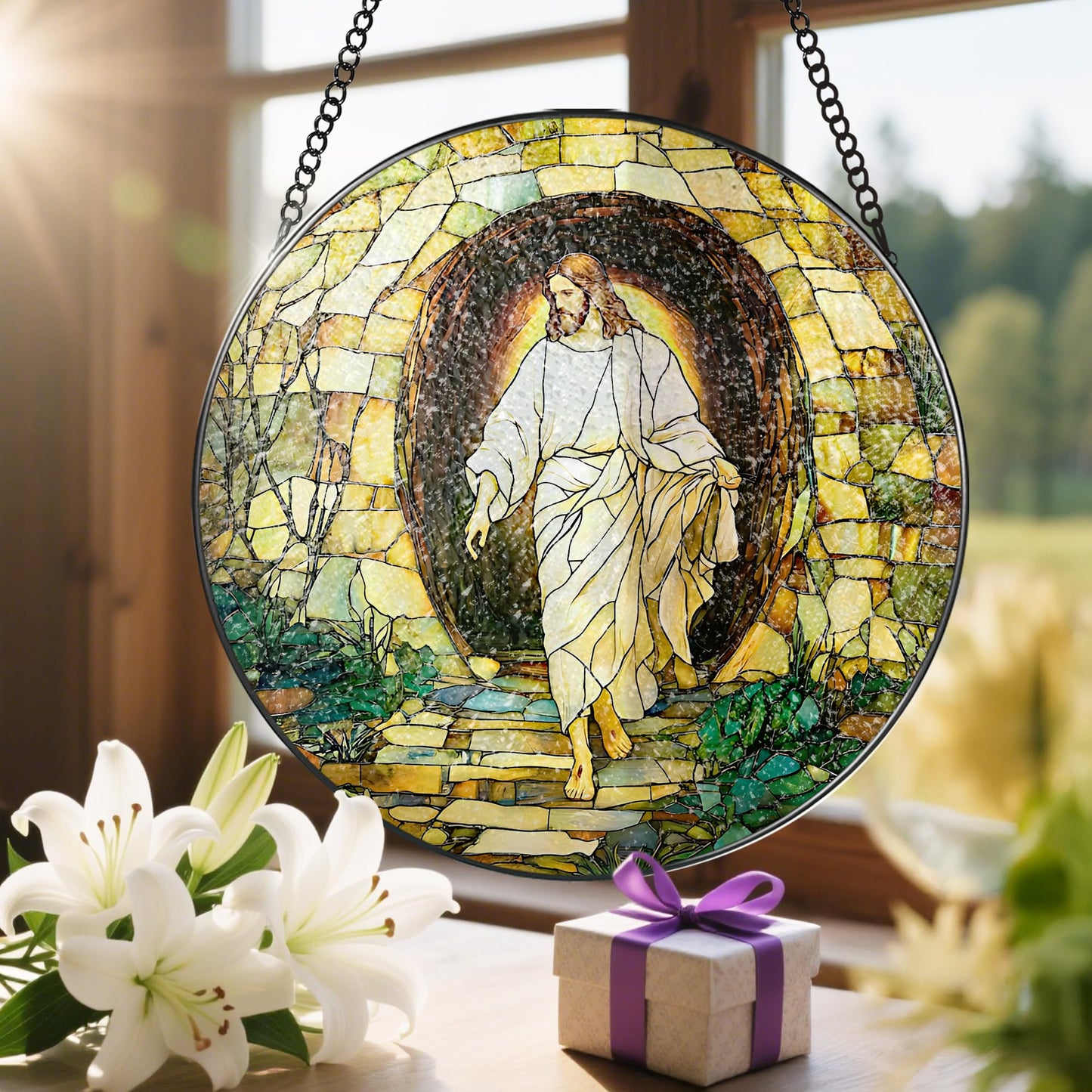 8 Inch He is Risen Resurrection of Jesus Sun Catchers, Stained Glass Window Hanging, Stained Glass Suncatchers for Windows, Christian Home Decor and Christmas, Christian Gift, Religious Gift