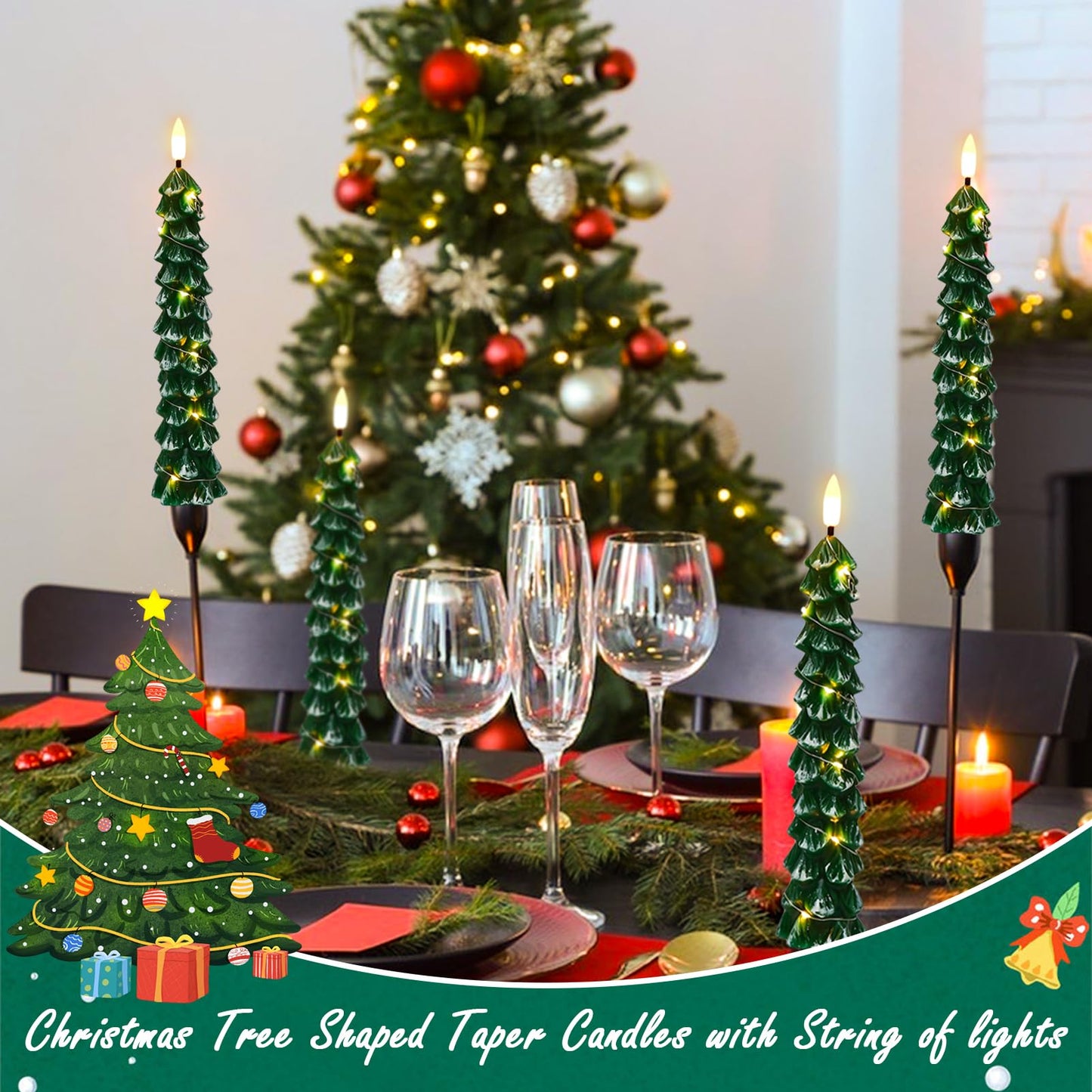 KunSwenn Christmas Tree Candles with Remote, Snowy Waxy Christmas Tree Flameless Taper Candles Battery Operated with String Lights, Set of 4 LED Tree Candlesticks for Xmas Winter Décor