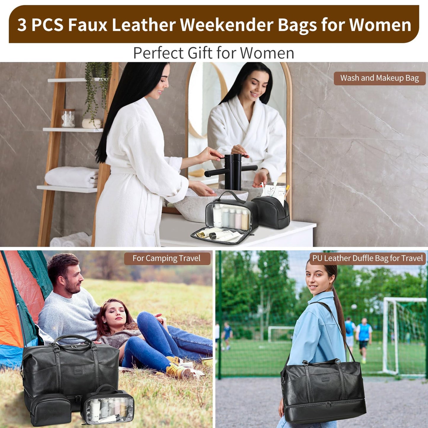 Faux Leather Weekender Bags for Women: Large Overnight Bags Travel Duffel Bag Carry On Shoulder Weekend Tote with Shoe & Laptop Compartment & Toiletry Bags for Airplane Traveling Gym