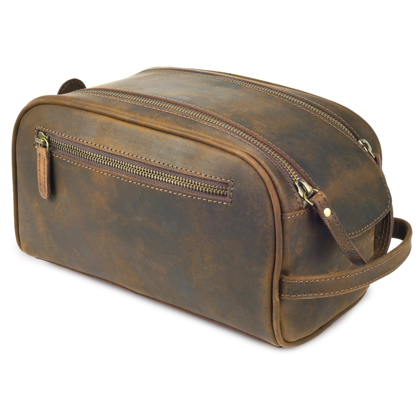 Rasavi Genuine Leather Travel Toiletry Bag, Handcrafted Vintage Water-Resistance Dopp Kit, Large Shaving & Bathroom Organizer - Gift for Men & Women - Rustic Town