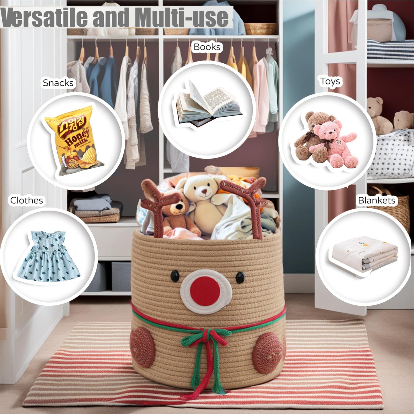 Hugabow Christmas Deer Basket, Reindeer/Elk, Christmas/Baby Gift Basket, Cute Toy Basket, for Nursery, Clothes, Towels