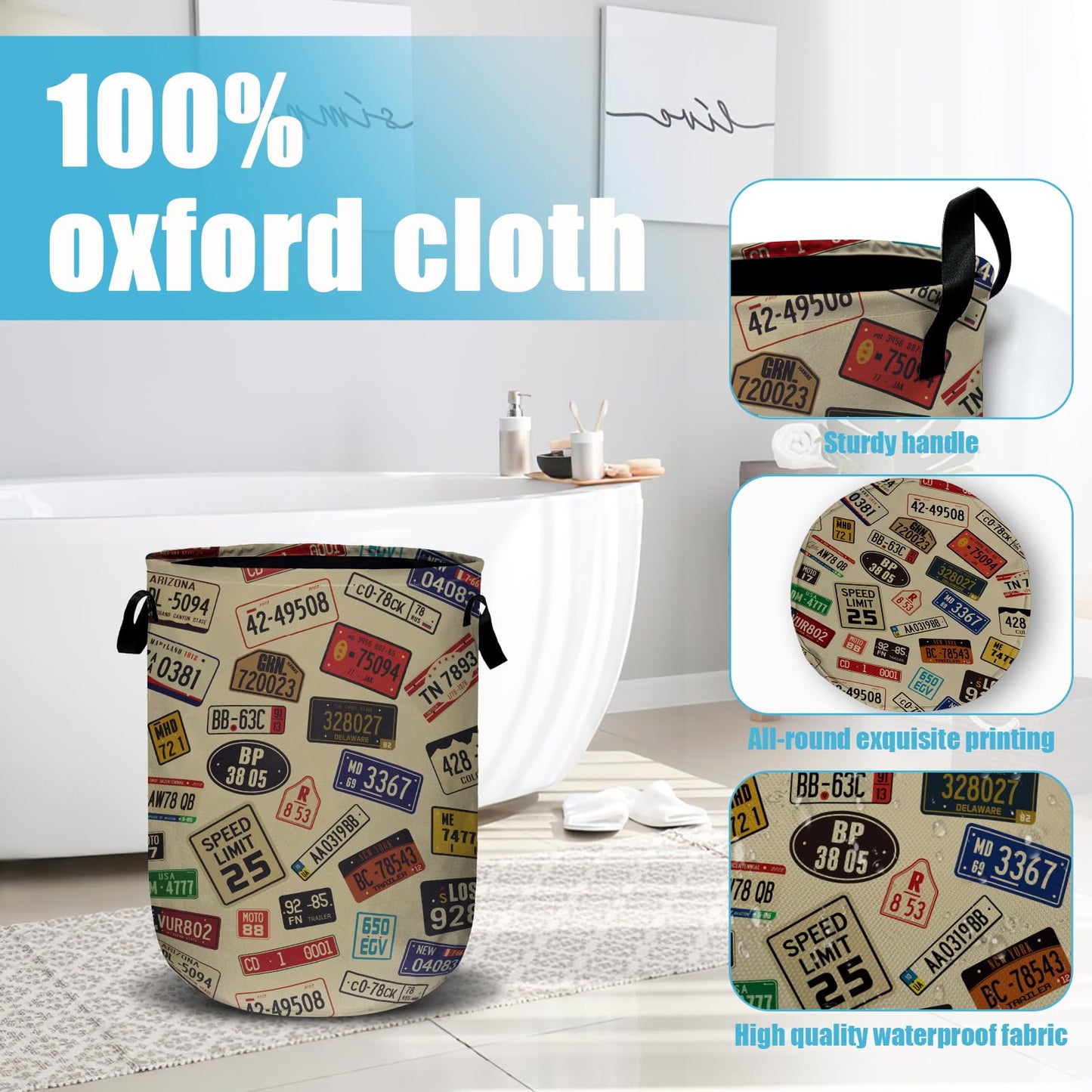 Colourful Car Number Plates Laundry Basket, Laundry Hamper Collapsible Oxford Cloth with Handle Clothes Storage Bin for Bathroom Laundry Room Bedroom 15.7 X 20 Inch