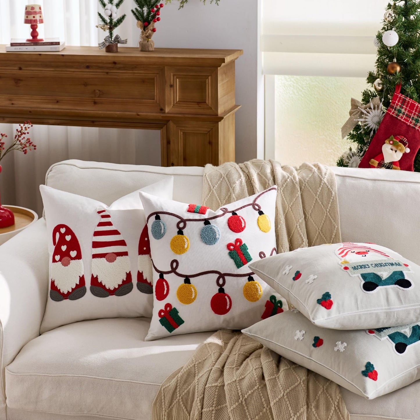 Farmhouse Christmas Pillow Covers 18x18 Set of 2, Xmas Embroidered Throw Cushion Cases with Festive Patterns for Rustic Home Holiday Decor (Snow Globe Christmas Tree, 18" x 18" (Pack of 2))