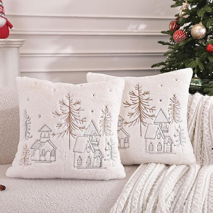 Christmas Throw Pillow Covers 18x18 Set of 2,Soft Plush Faux Fur Christmas Pillows Covers Embroidery Decorative Throw Pillows for Couch Bedroom Holiday Festivals Winter Home Decor