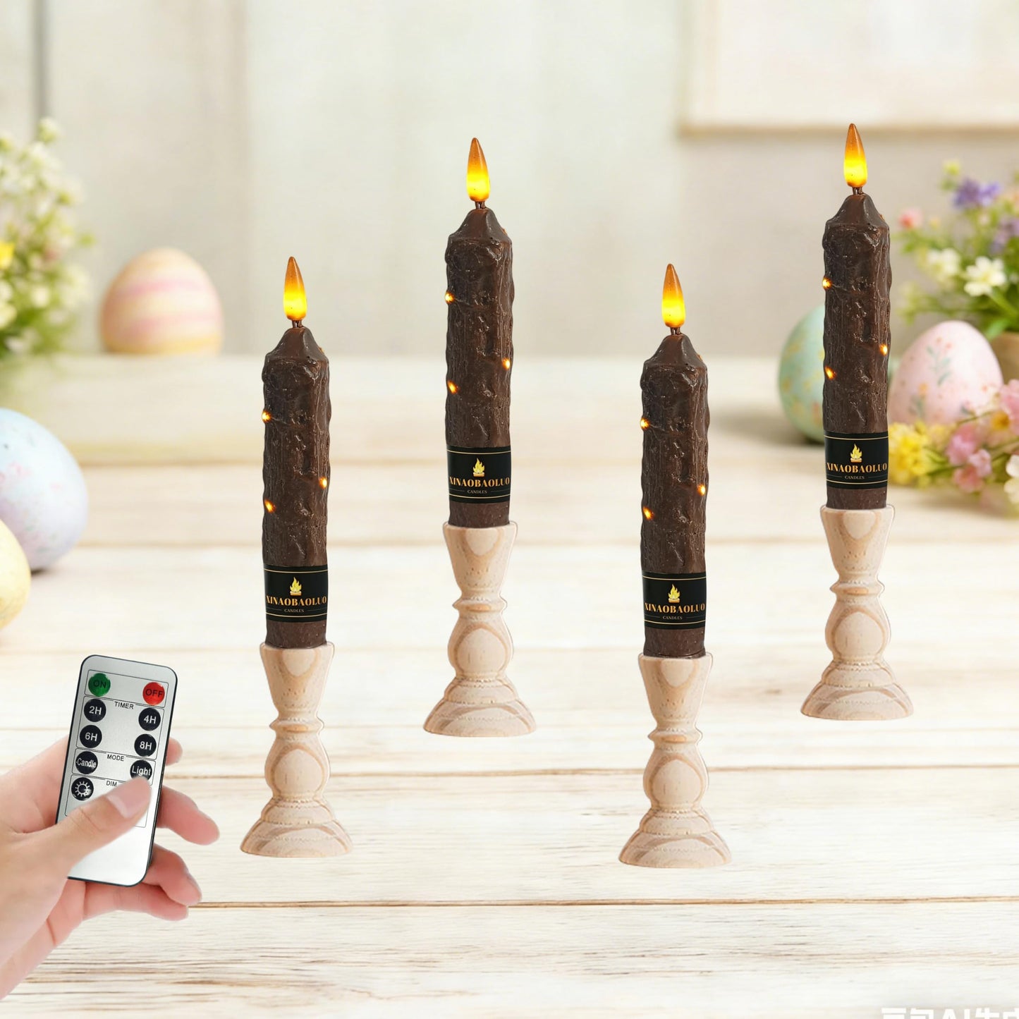 XINAOBAOLUO 6.5 inch Flameless Brown Taper Candles Flickering with 10-Key Remote, Battery Operated Led Warm 3D Wick Light Window Candles Real Wax Pack of 4, Christmas Home Wedding Decor
