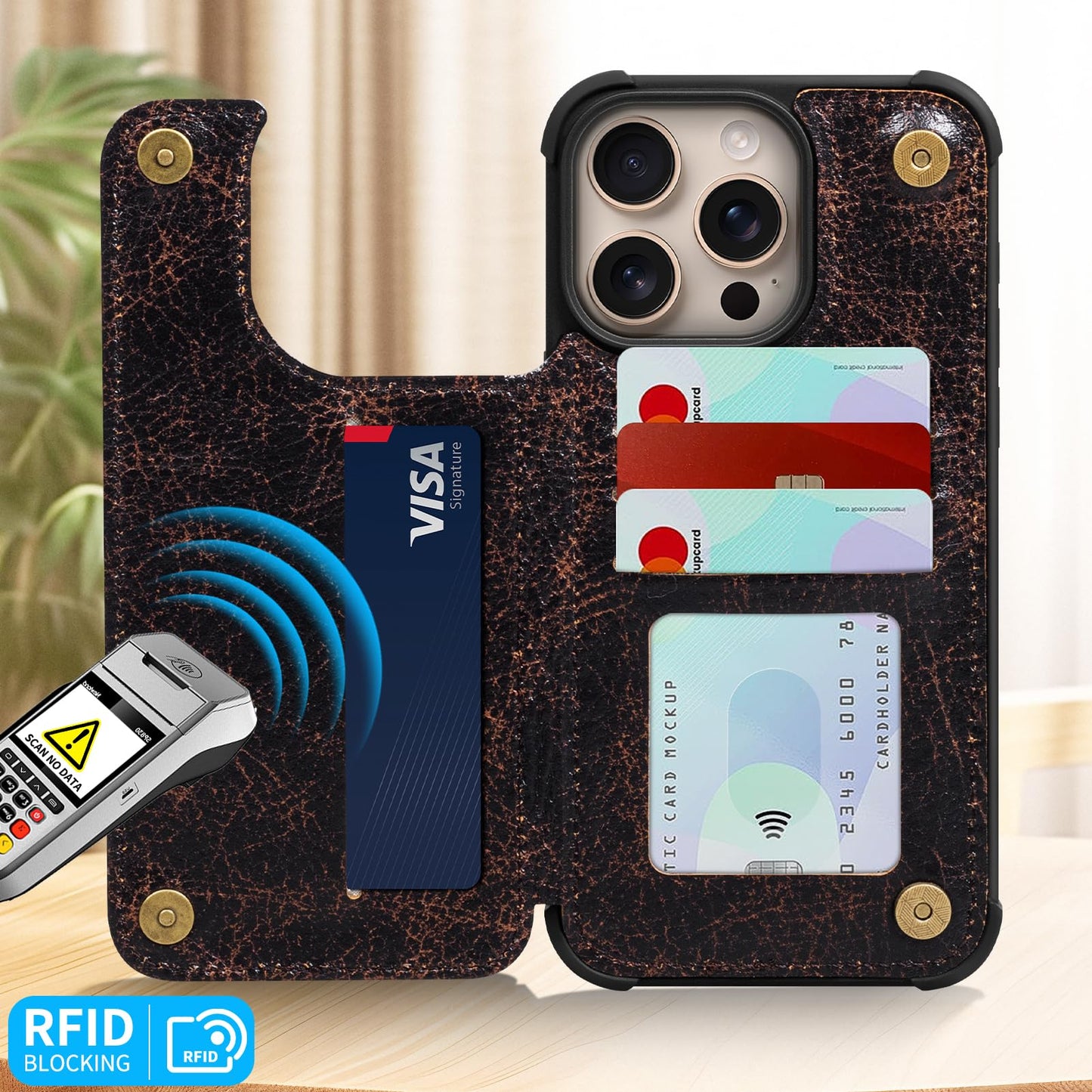 RMAWRAD Wallet Real Leather Case Compatible with iPhone 15 Pro Max 6.7",Genuine Leather，Shockproof, Anti-Fall Case, Flip Cover, with Card Slot, Double Magnetic Buckle, Kickstand, Coffee