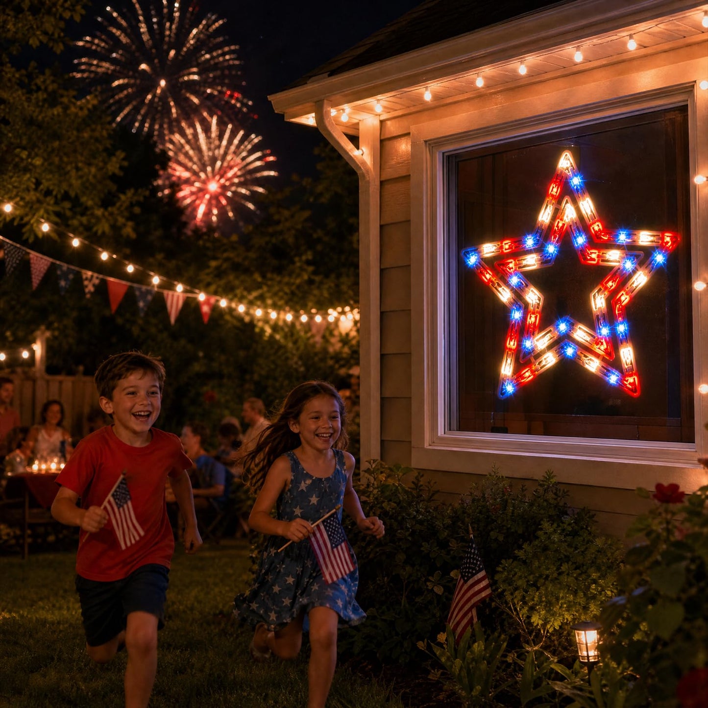 GLOWNOVA 50 Lights Lighted Red White and Blue 4th of July Star Window Silhouette Decoration