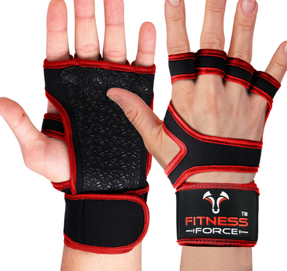 FITNESS FORCE Ventilated Weightlifting Gloves Workout Gloves for Men & Women with Built-in Wrist Wraps Fingerless Gym Gloves for Men Perfect for Exercise Fitness, Weight Lifting, Cross Training