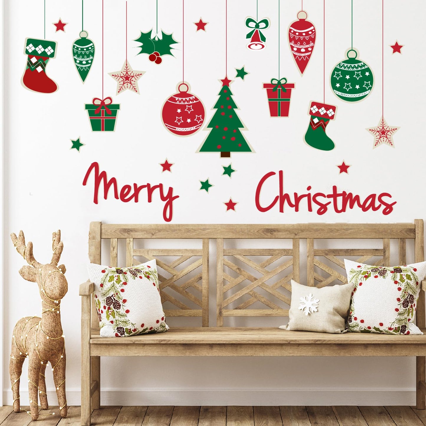 Merry Christmas Wall Decals Xmas Tree Snowflake Gift Wall Stickers Peel and Stick Removable Art Mural for Kids Gift Bedroom Living Room Door Window Decor Supplies