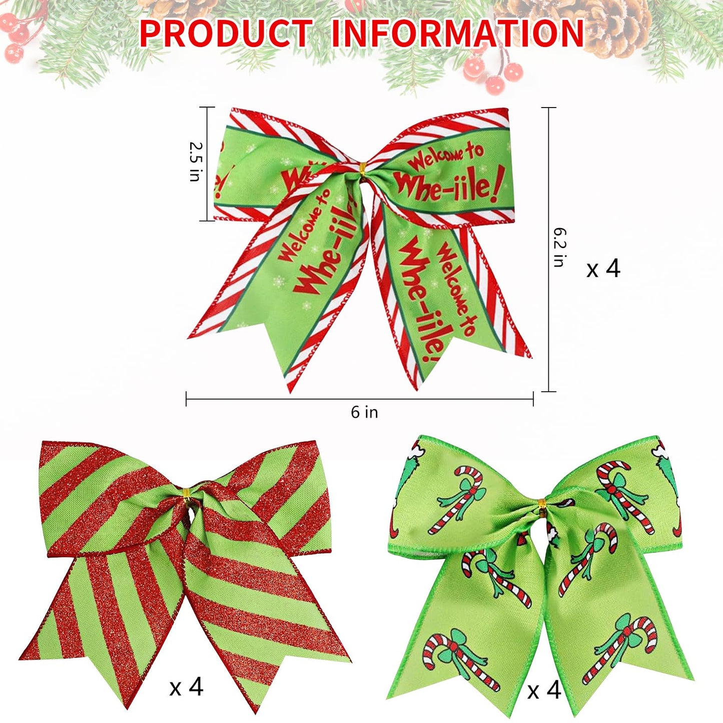 12Pcs Christmas Ornaments Bows Christmas Tree Decorations Red Green 6" Large Wreaths Bows for Gifts Wrapping Holiday Party Xmas Decor