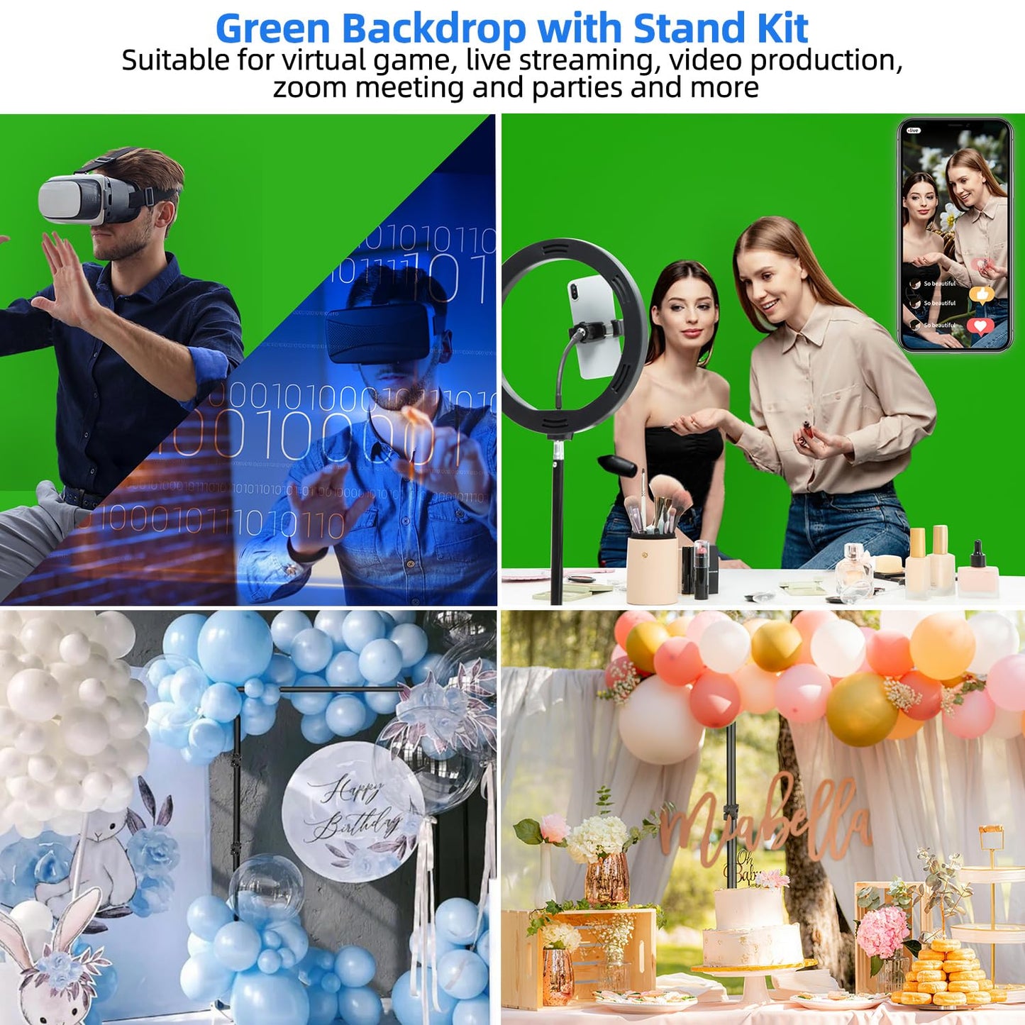 HEMMOTOP 7x5 ft(HxW) Green Screen Stand Kit, 6.5x5 ft Green Screen Backdrop with Stand for Streaming, Gaming, Zoom, Portable Greenscreen Background Kit with Clips & Carrying Case