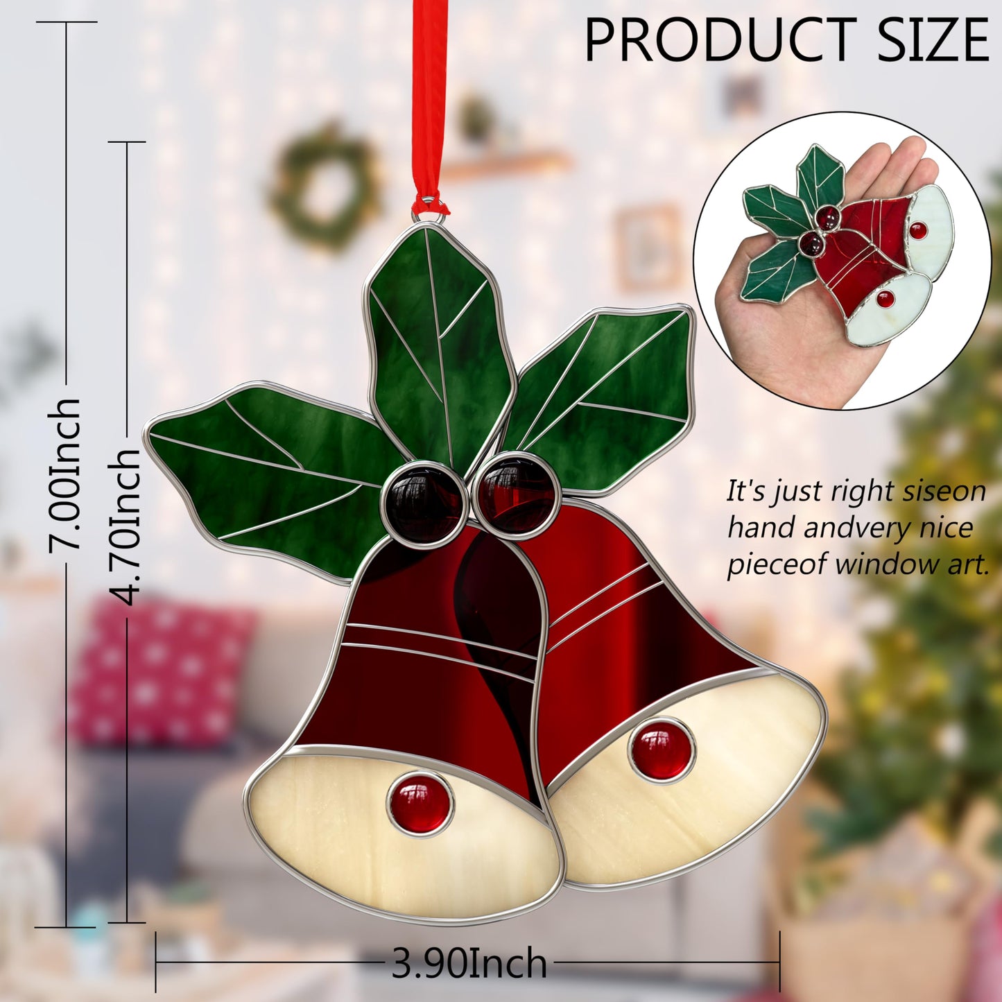 KUNDGLA New Stained Glass Sun Catcher for Windows Hangings Personalized Ornament Metal Decorative Gifts for Mom Grandma Friend Teacher Birthday Christmas Tree Holiday Hanging Decor Gift Box (Red Bell)