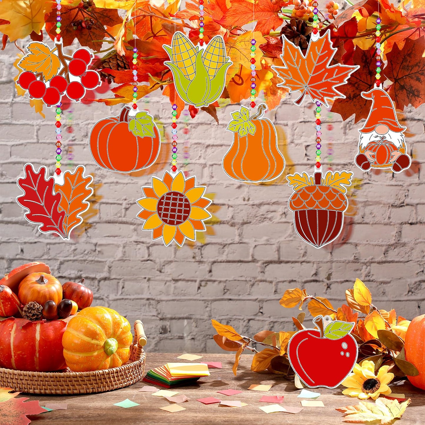 Beeveer 30 Sets Fall Plant Suncatchers Art Kits DIY Thanksgiving Pumpkin Maple Leaf Acorn Suncatcher Crafts Paint Your Own Window Ornaments for Boys Girls Autumn Classroom School Activity Party Favor