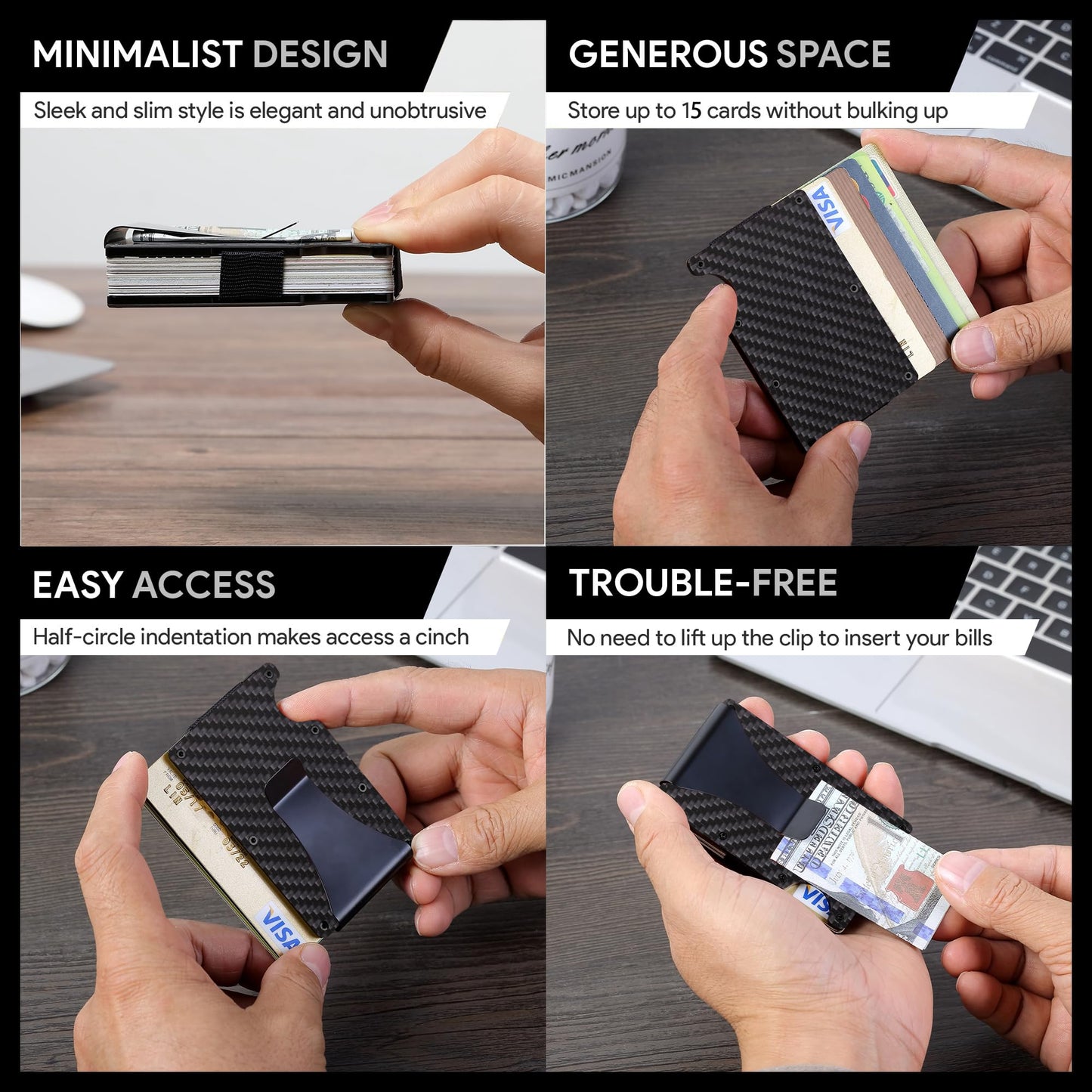 FIRDIKT Carbon Fiber Minimalist Wallet for Men, Slim Metal RFID Blocking Wallet Credit Card Holder Money Clip & Cash Strap, Scratch-Resistant Holds 15 Cards,Ideal Gift for Men | Matt Carbon Fiber