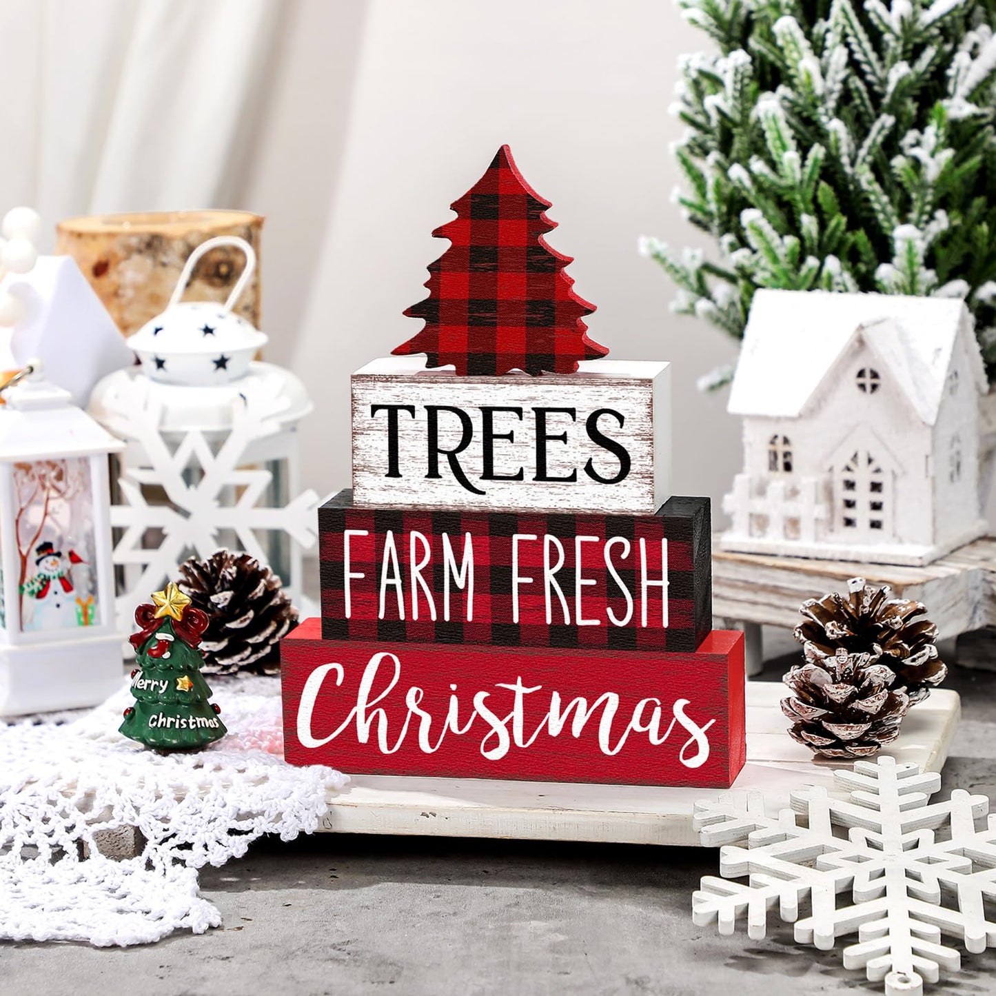Marsui 4 Pcs Christmas Wooden Tabletop Decor Neutral Christmas Decor Rustic xmas Tree Block Sign Buffalo Plaid Table Centerpiece for Home Office Desk Tiered Tray Farmhouse Decorations