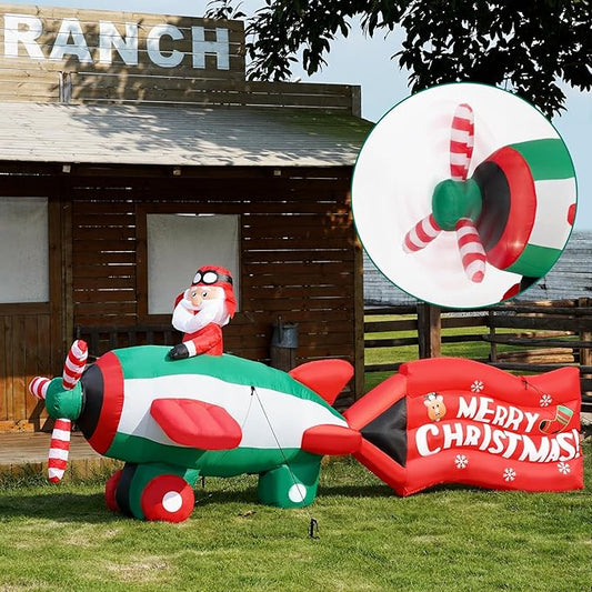 10.5FT Christmas Inflatables Santa on Airplane with Rotating Propeller & LED Lights, Blow Up Outdoor Indoor Decor for Christmas Yard Garden Party