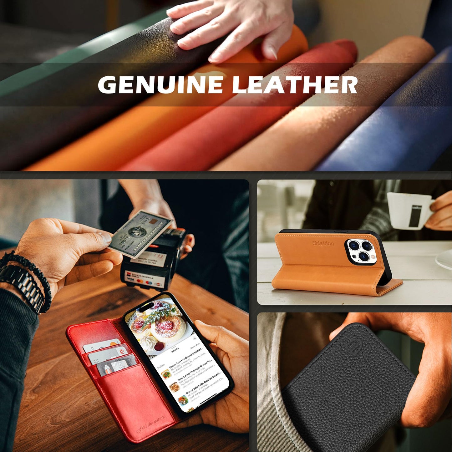 SHIELDON Case for iPhone 14 Pro 5G 2022, Genuine Leather Wallet Case with Kickstand RFID Blocking Card Holder Magnetic Shock Absorbing Cover Compatible with iPhone 14 Pro 6.1" - Retro Brown