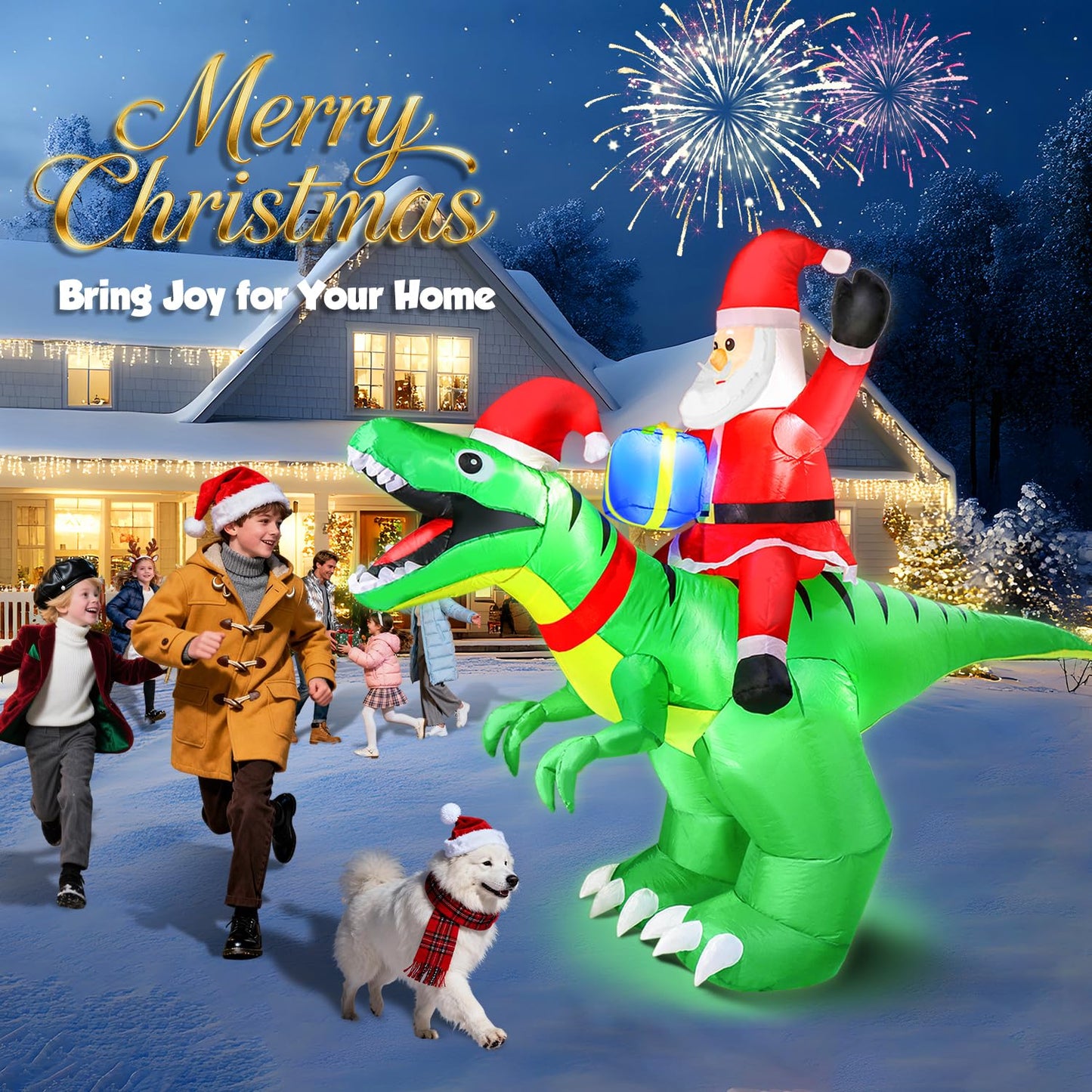 9x7FT Christmas Inflatables Santa Ride on Dinosaur with LED Outdoor Christmas Dinosaur Inflatable Blow Up Yard Decorations with Sandbags Stakes Strings for Garden Decor