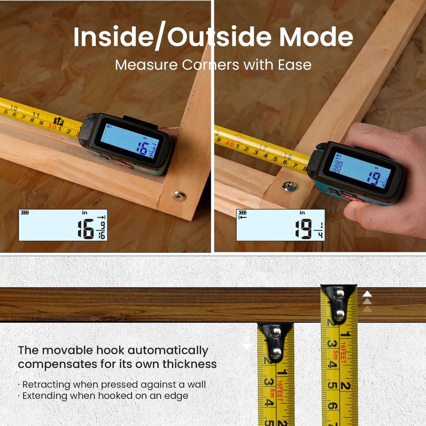 Digital Tape Measure 16 Ft - 6 Metric and Imperial Units, Easy Read Digital Measuring Tape Retractable with Fractions 1/16, Rechargeable Measurement Tool, for Distance/Area/Volume, Yellow