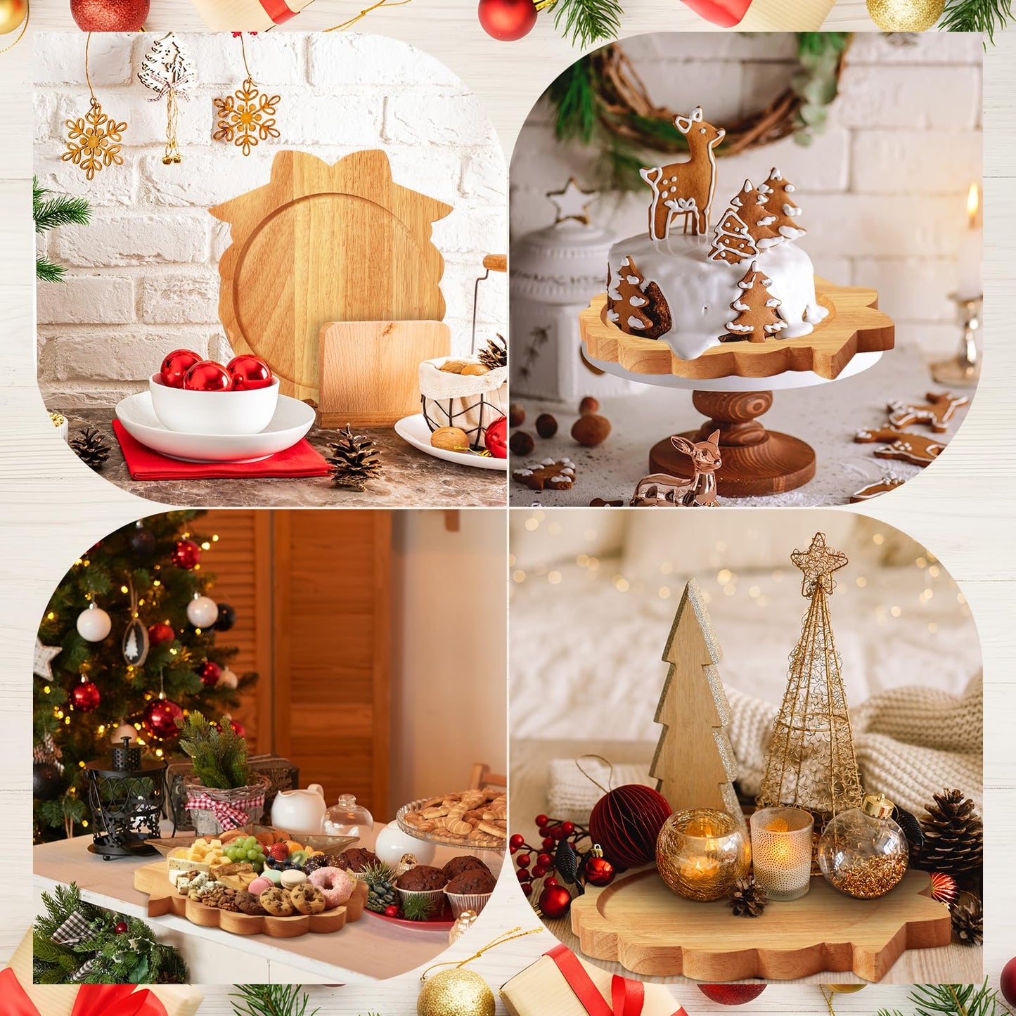 Bokon 12" Wreath Christmas Charcuterie Board Wooden Cutting Board Xmas Serving Platter Tray Cookie Plate for Cheese Bread Dessert Fruit, Gift for Christmas Party Holiday Decoration(Rubber Wood)