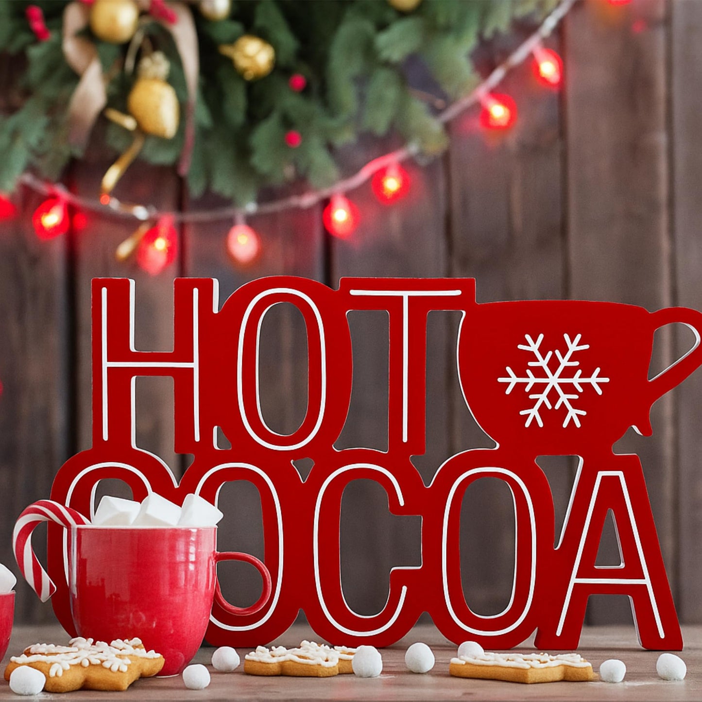 Roowest Christmas Hot Cocoa Bar Sign, Hot Cocoa with Mug Words Wood Tabletop Decoration Coffee Bar Wooden Block Sign for Table Shelf Home Kitchen Coffee Shop