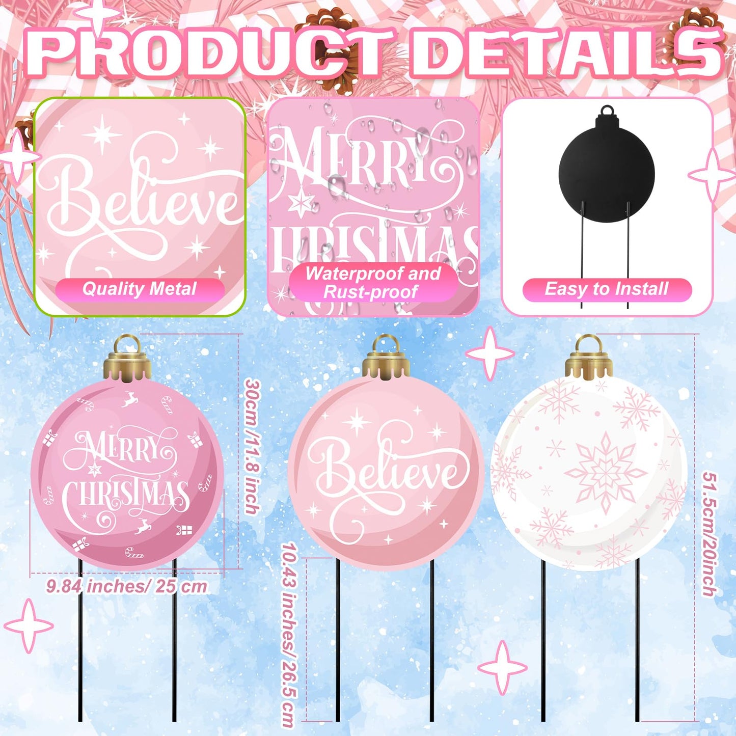 MorningRo 3 Pcs Pink Christmas Balls Yard Signs 20'' H Metal Outdoor Waterproof Xmas Yard Sign Stake with Snowflake Believe Merry Christmas Design for Porch Patio Lawn Garden Pathway Holiday Decor